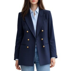 Vtg Austin Reed Double Breasted 100% Wool Blazer Women 8 S Navy Gold Preppy USA